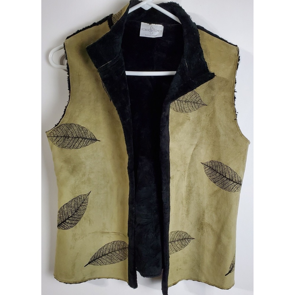 Robert Kitchen Vest Womens Small Green Excellent Faux Suede Fur Leaf Boho Canada